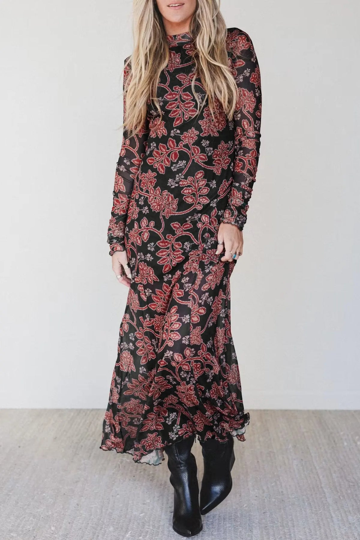 Retro Floral Print Long Sleeve Casual Mesh Dress – Black