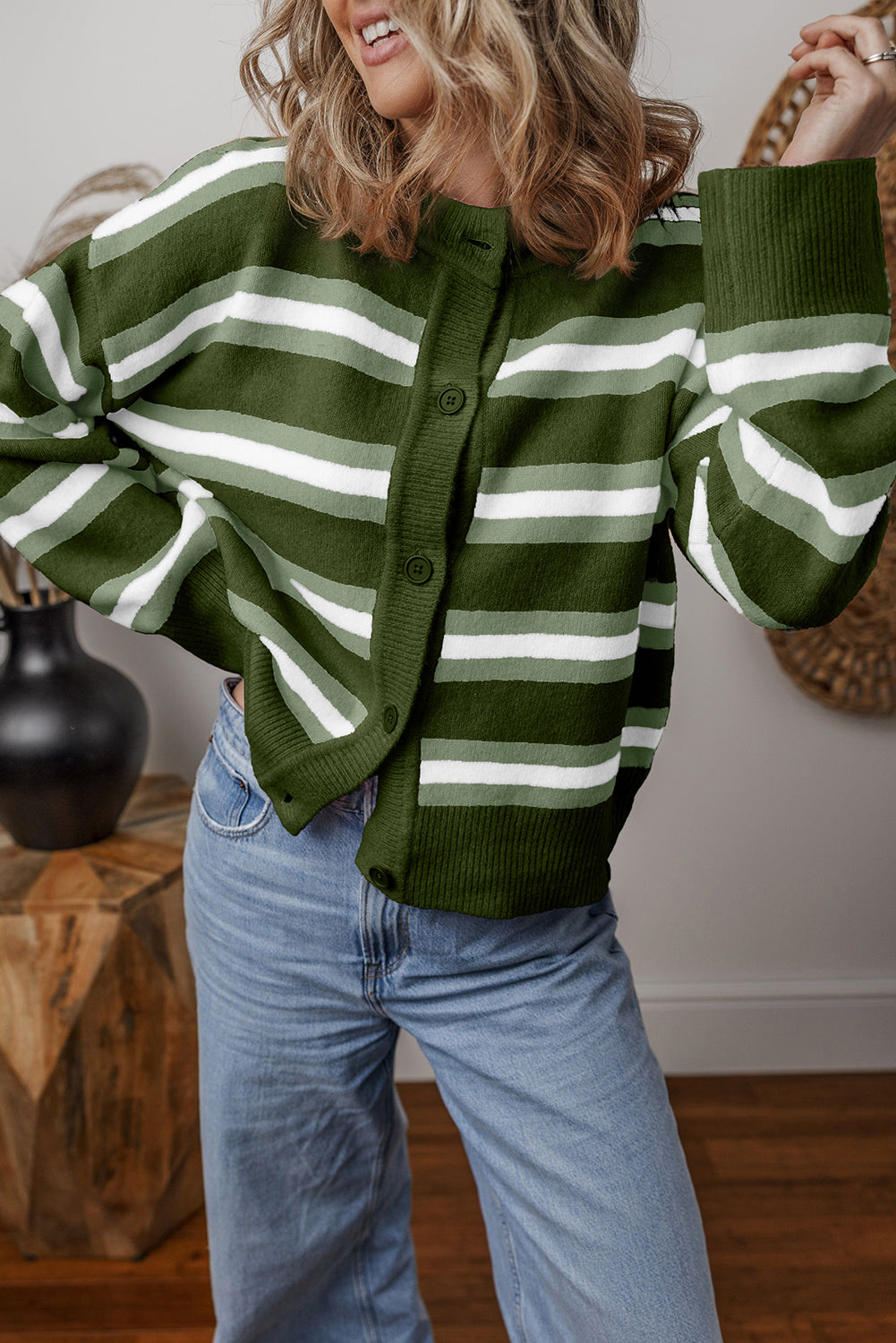 Green Stripe Drop Shoulder Cardigan - eAura