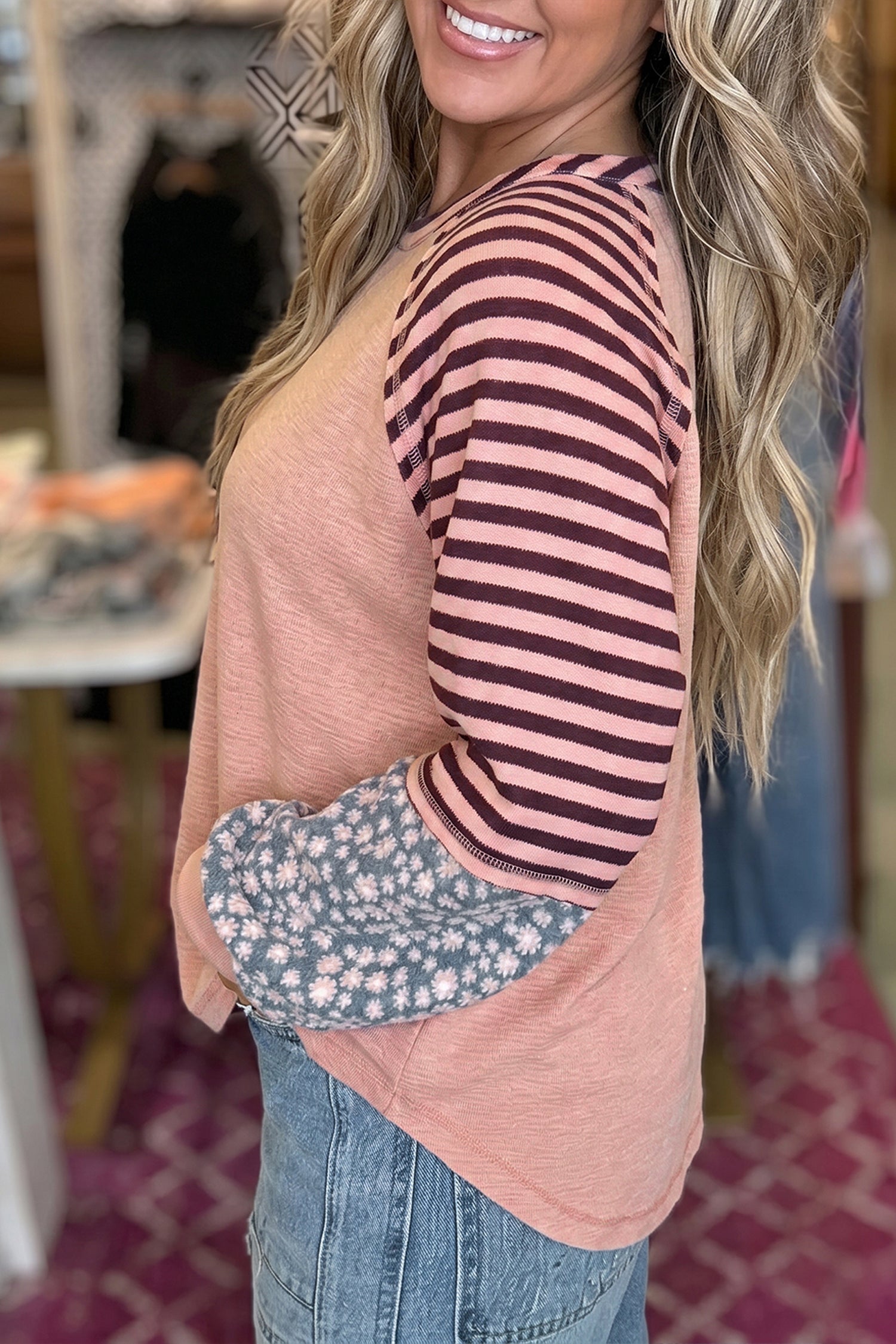 V Neck Colorblock Patchwork Striped Floral Long Sleeve Casual Top – Light Pink