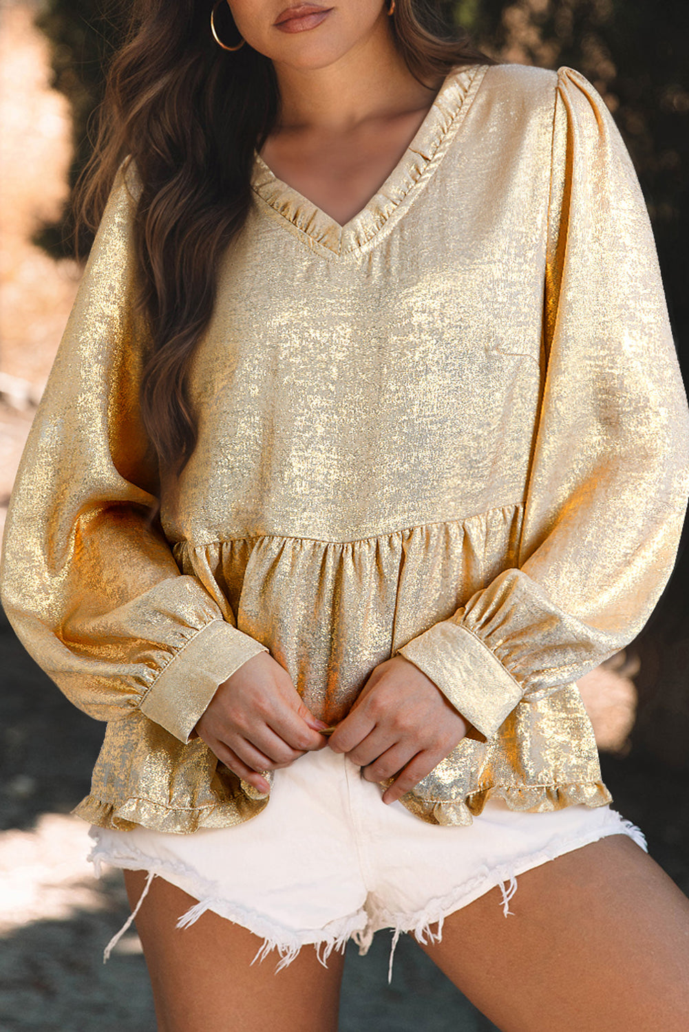 Gold Metallic Frilled V Neck Puff Sleeve Babydoll Blouse Beagle Boutique Fashion Outlet