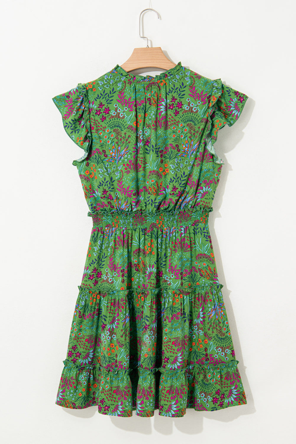 Green Floral Tie Split Neck Frilly Ruffle Trim Tiered Short Dress eAura