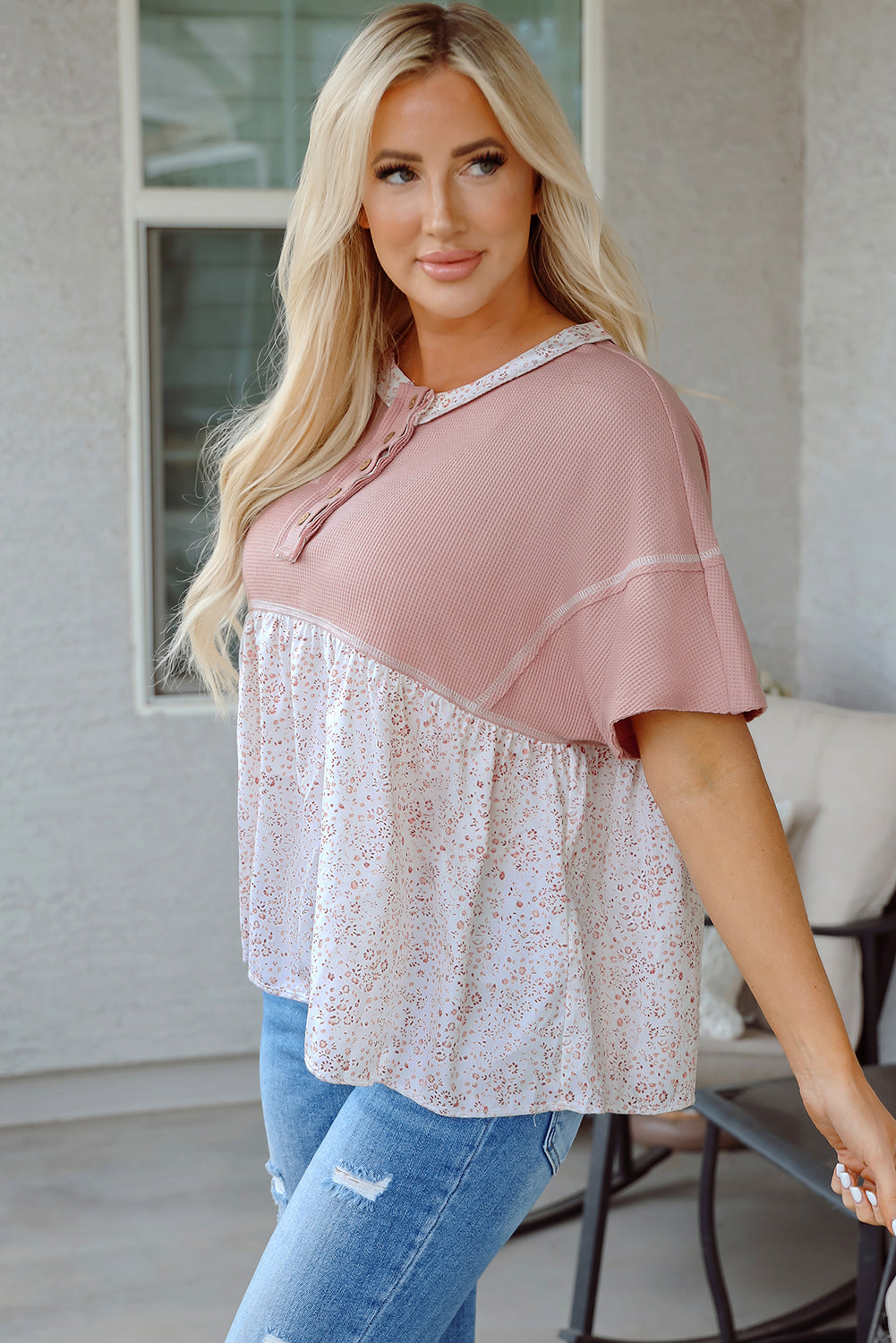 Pink Waffle Floral Patchwork Exposed Seam Detail Short Sleeve Top eAura