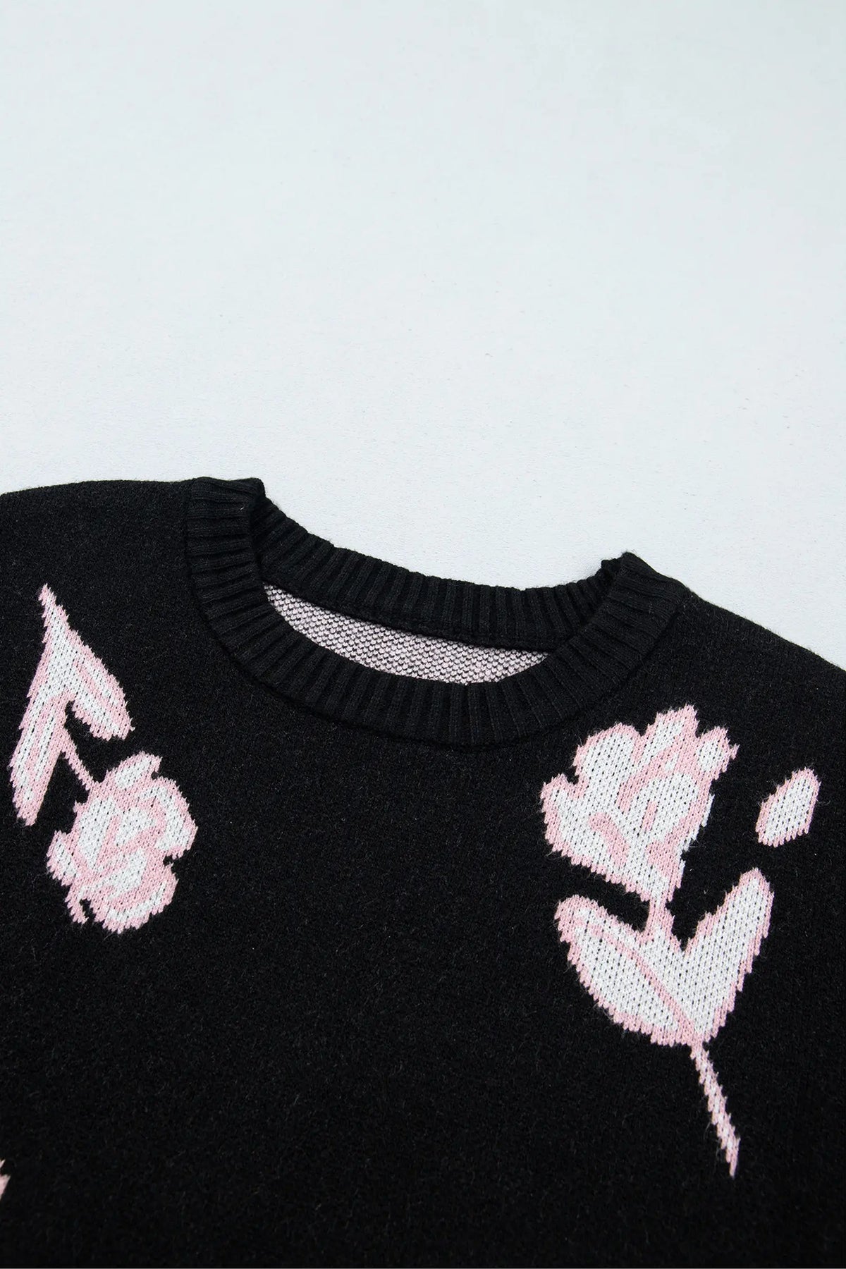 Floral Pattern Puff Sleeve Dropped Shoulder Pullover Sweater – Black