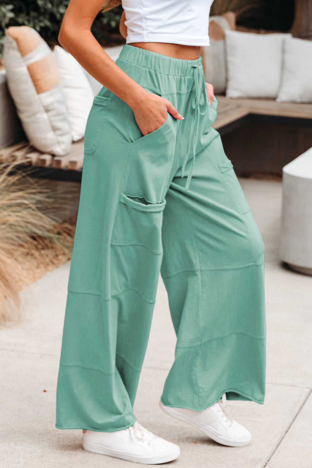Mineral Wash Exposed Seam Drawstring High Waist Wide Leg Cargo Trousers - eAura