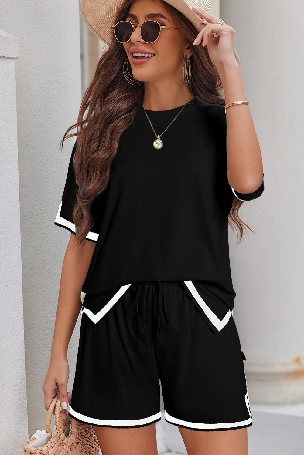 Apricot Contrast Trim Tee and Shorts Set eAura
