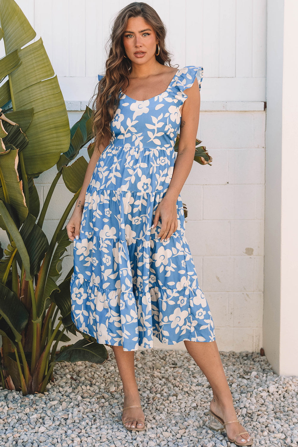 Sky Blue Floral U Neck Flutter Shoulder Tiered Flowy Midi Dress eAura