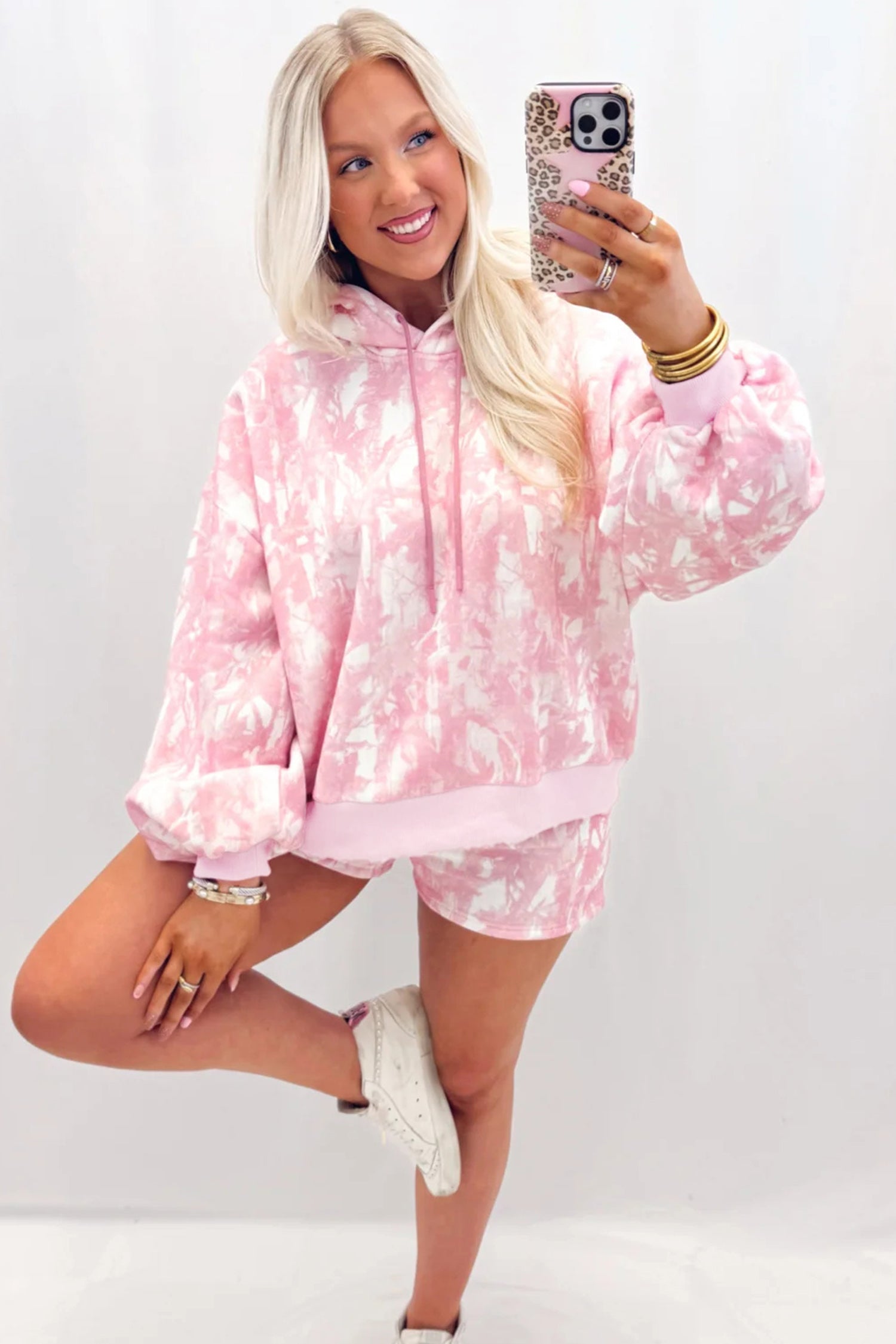 Abstract Print Loose Hoodie Slim Shorts 2pcs Set – Pink