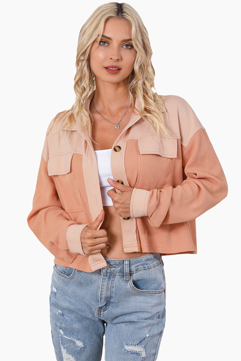 Orange Textured Waffle Knit Chest Pockets Cropped Shacket Beagle Boutique Fashion Outlet