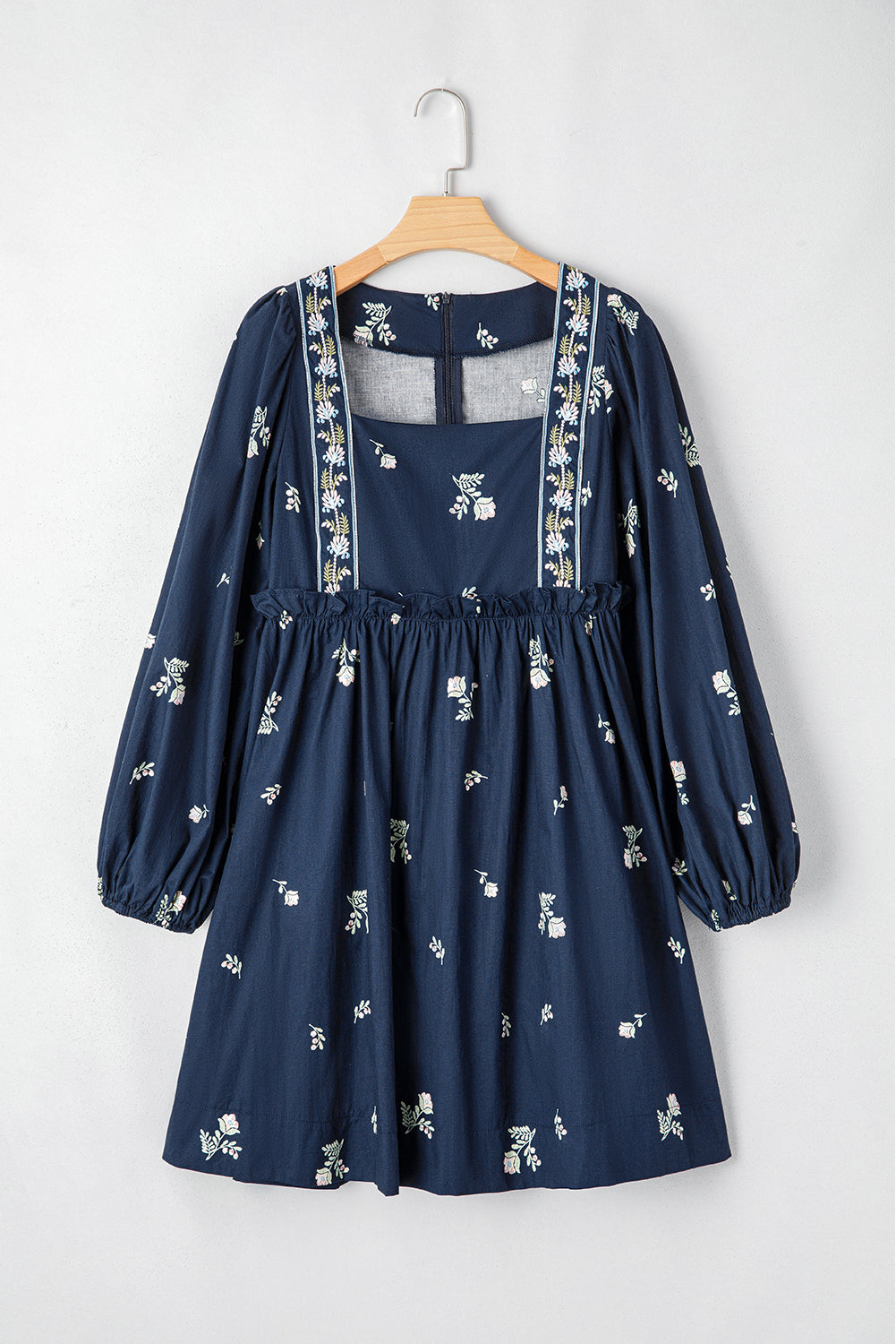 Blue Floral Embroidered Square Neck Puff Sleeve Ruffled Mini Dress eAura