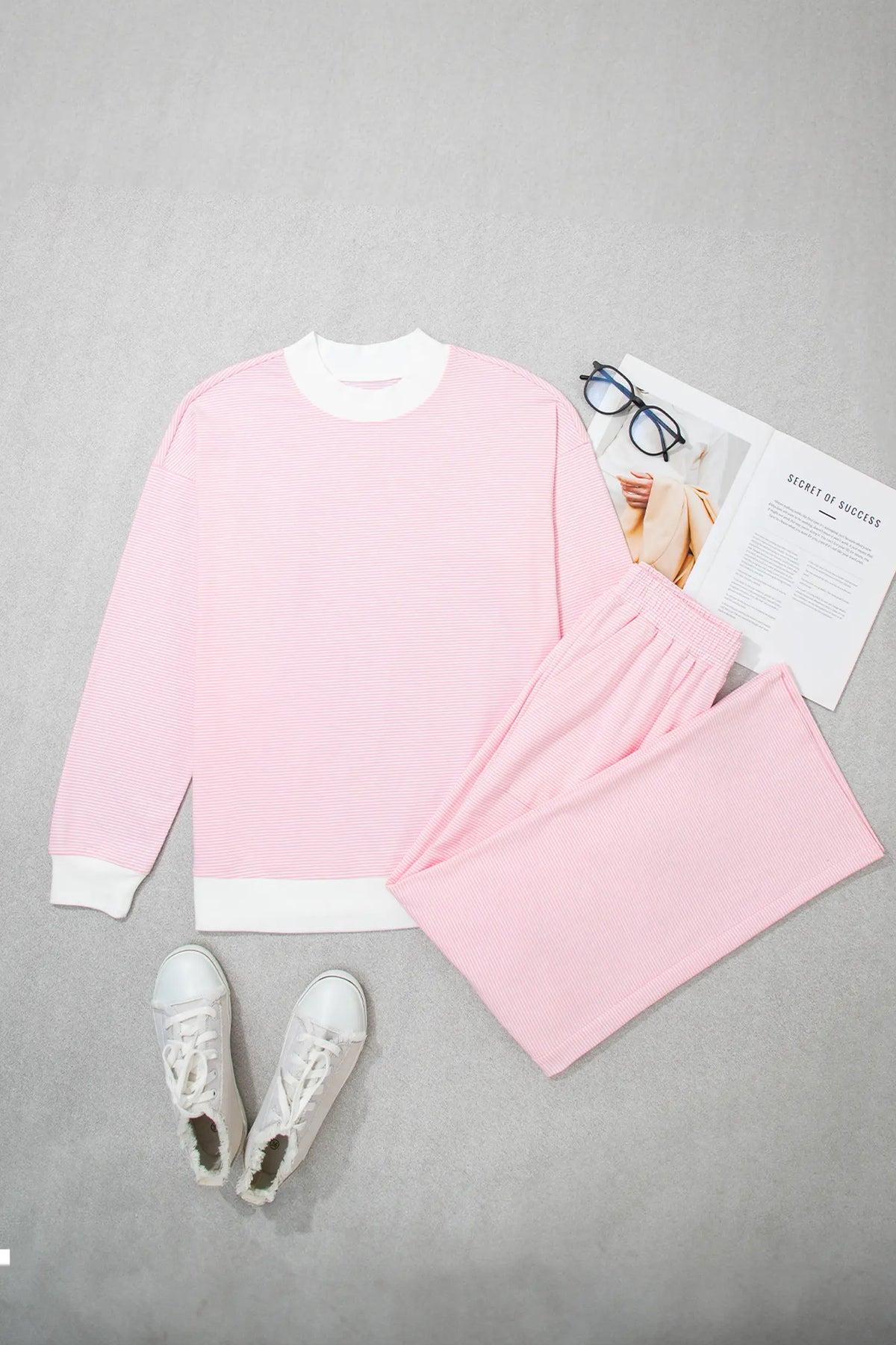 Colour Block Trim Mock Neck Pullover Drawstring Pants Casual Outfit – Pink Stripe