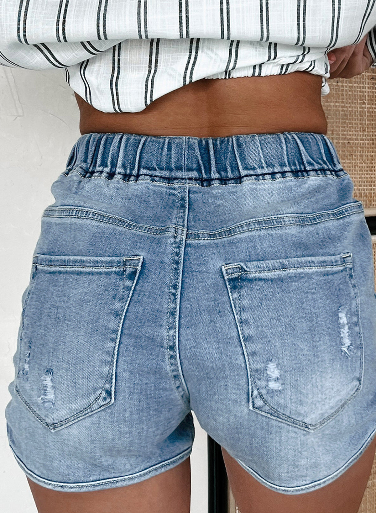 Myosotis Drawstring High Waist Distressed Denim Shorts eAura