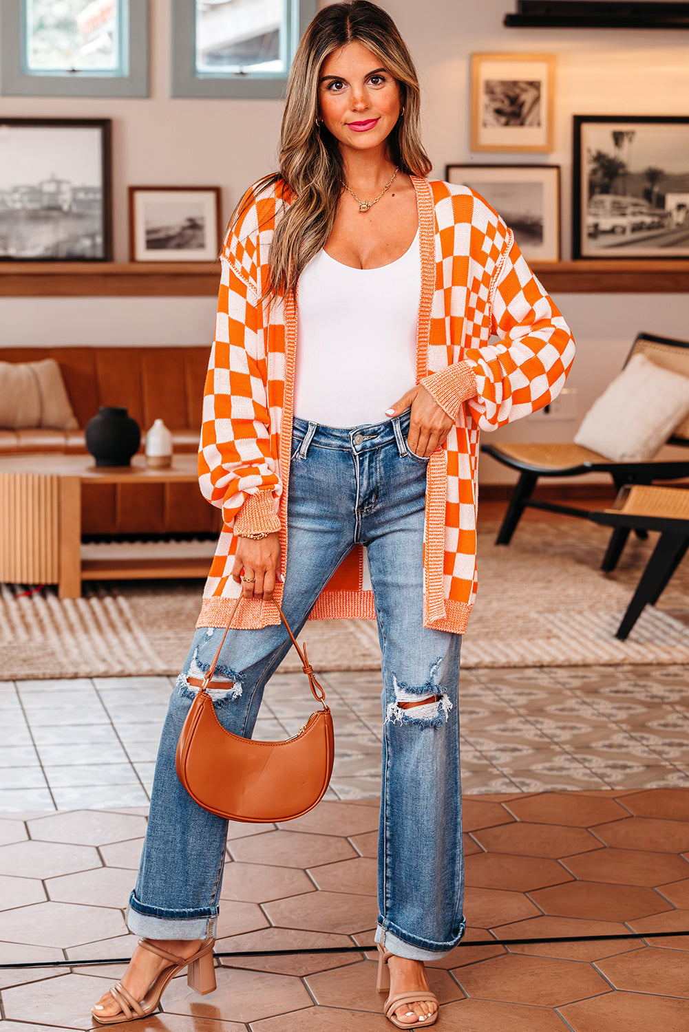 Orange Checkered Open Front Drop Shoulder Cardigan eAura