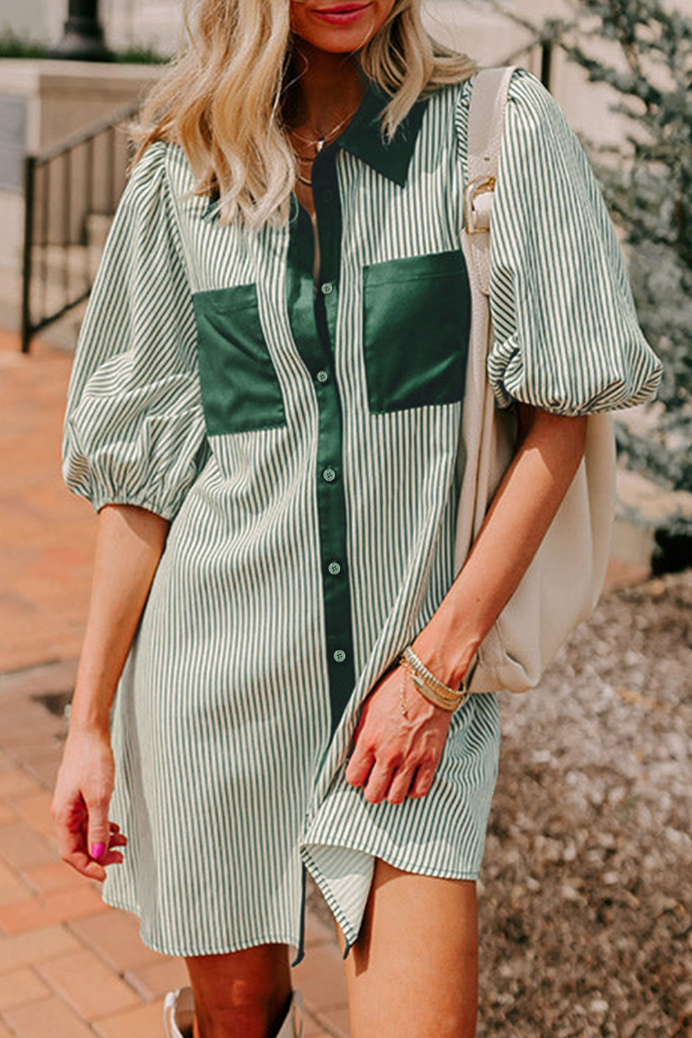 Green Patch Pockets Button Down Short Puff Sleeve Dress eAura