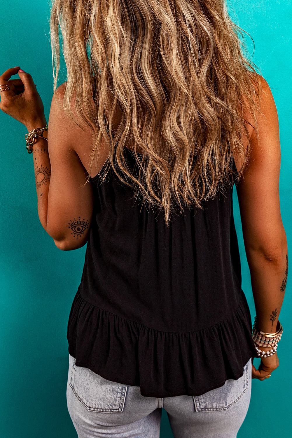 Black Floral Embroidery Ruffled Spaghetti Straps Tank Top eAura