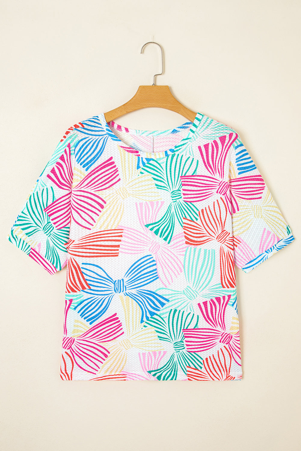 Bowknot Print Waffle Crewneck Loose Short Sleeve Top eAura