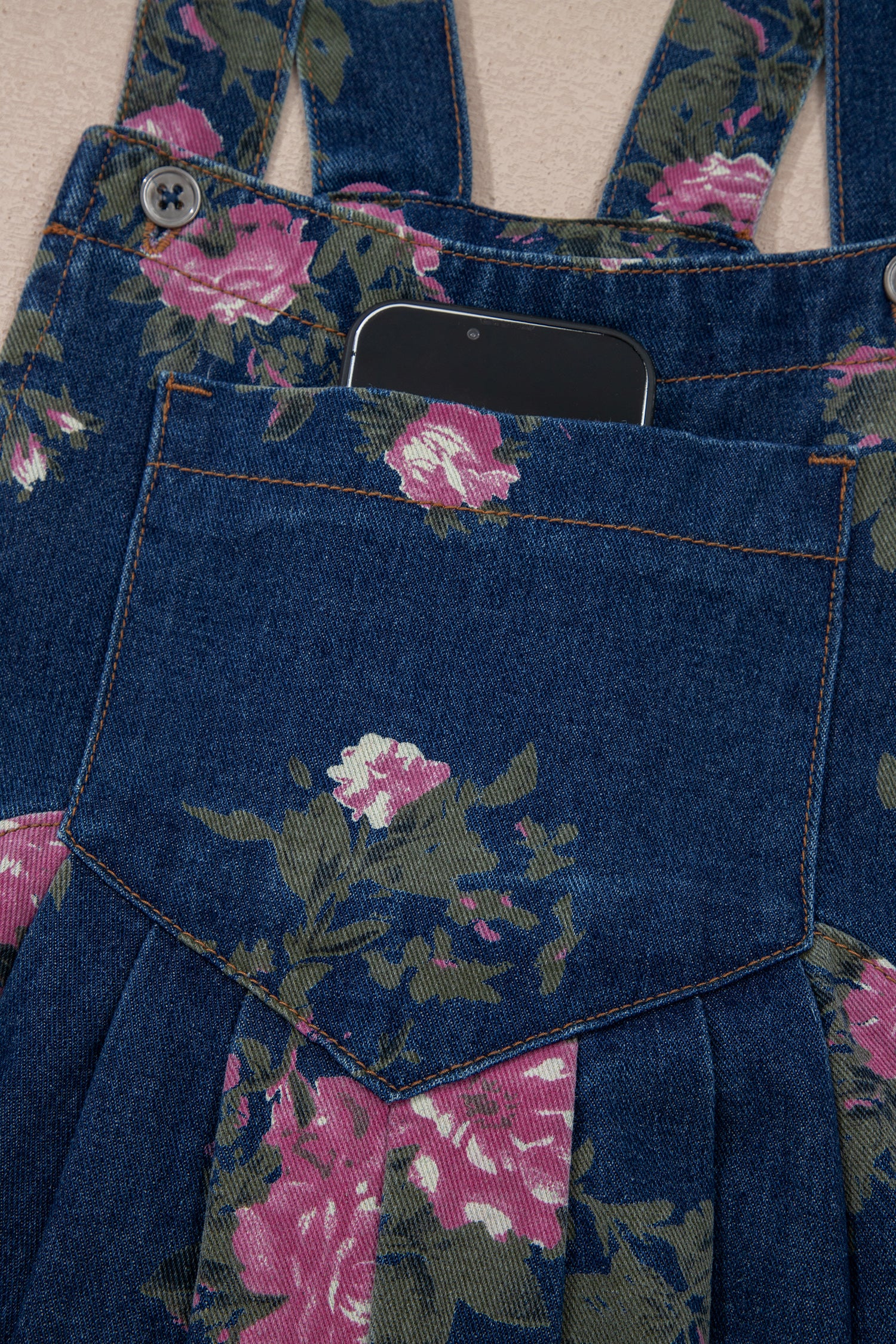 Floral Print Pleated Wide Leg Denim Jumpsuit – High Waist