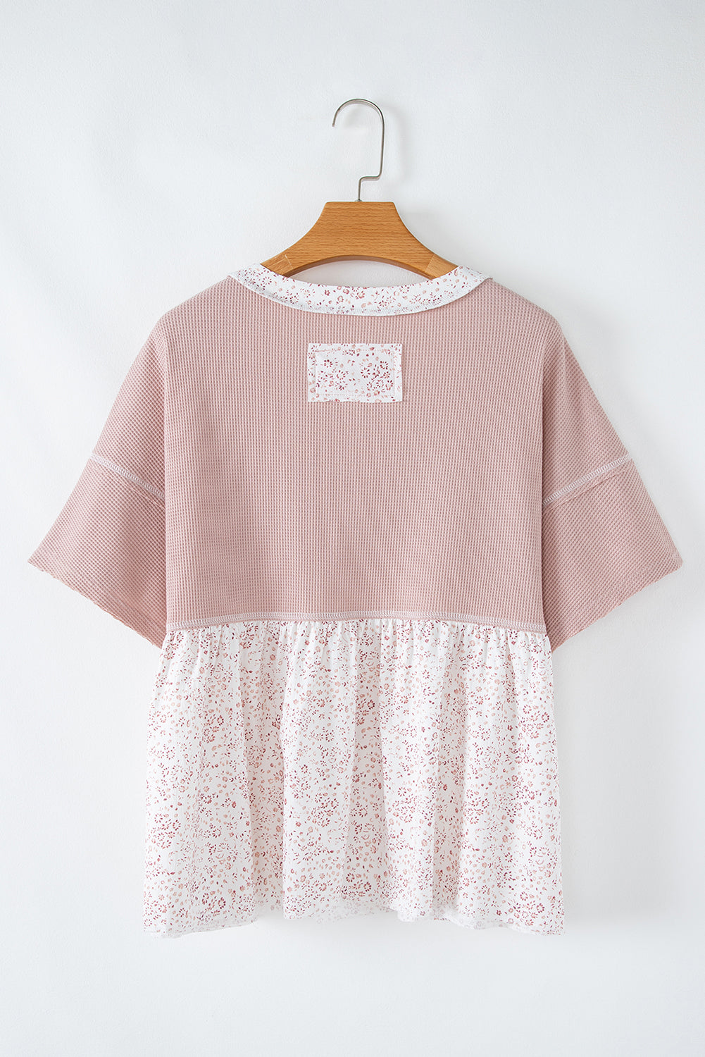 Pink Waffle Floral Patchwork Exposed Seam Detail Short Sleeve Top eAura