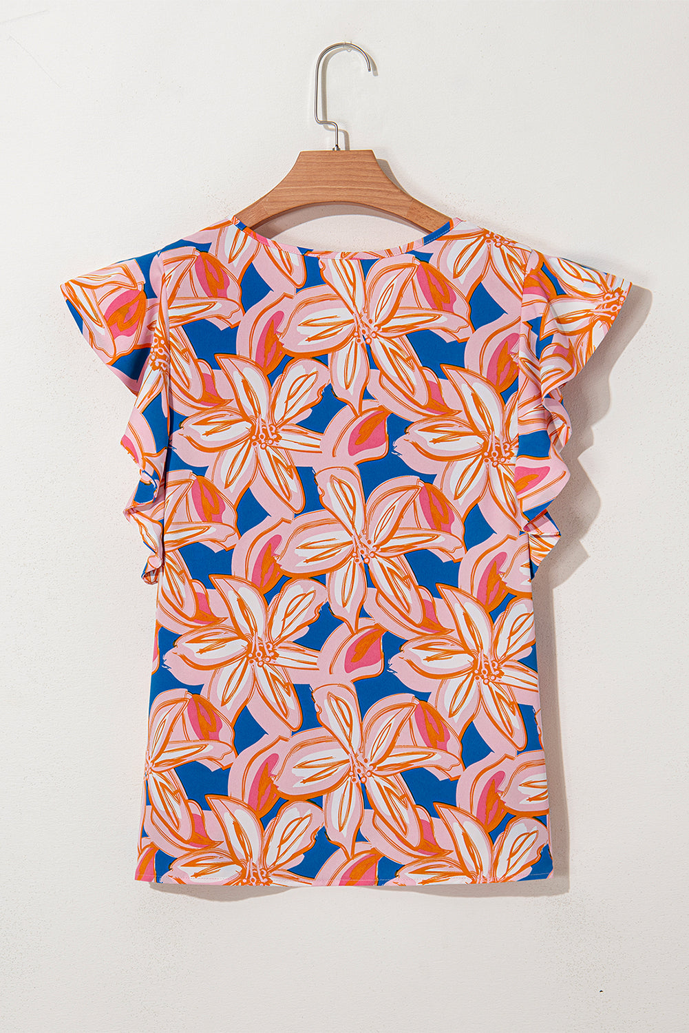Orange Summer Flower Print Notched Neck Ruffle Sleeve Blouse eAura
