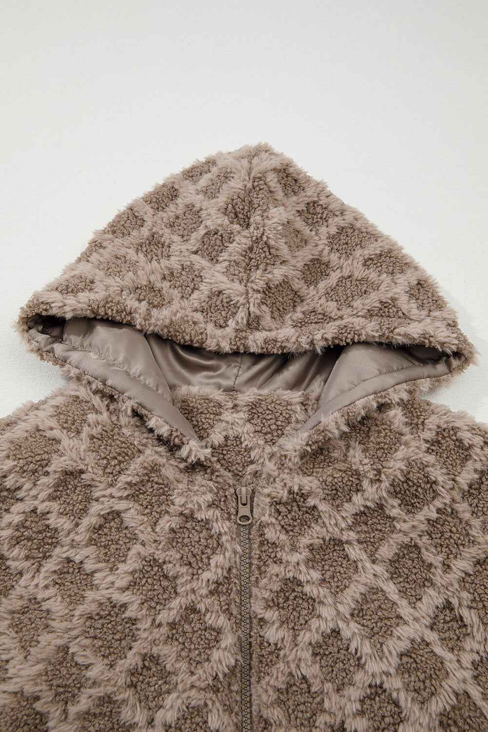 Sherpa Diamond Pattern Zip-Up Side Pocket Hooded Jacket - eAura