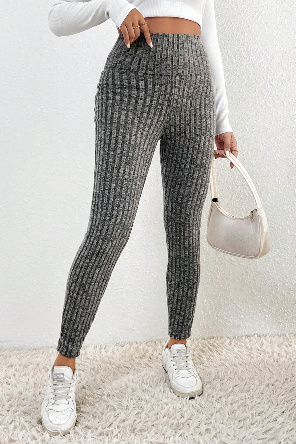 Grey Wide Waistband Ribbed Textured Knit Leggings Beagle Boutique Fashion Outlet