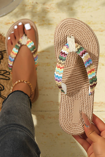Boho Straw Woven Rainbow Strap Flip Flops – Khaki