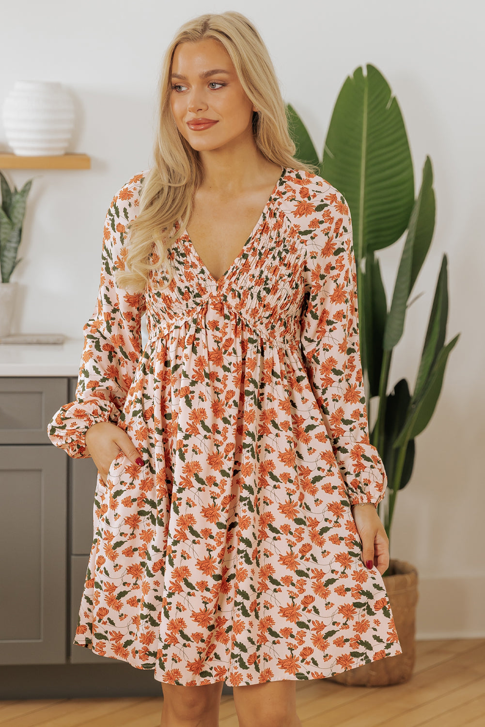 Beige Floral Deep V Neck Smocked Bust Bubble Sleeve Babydoll Dress eAura