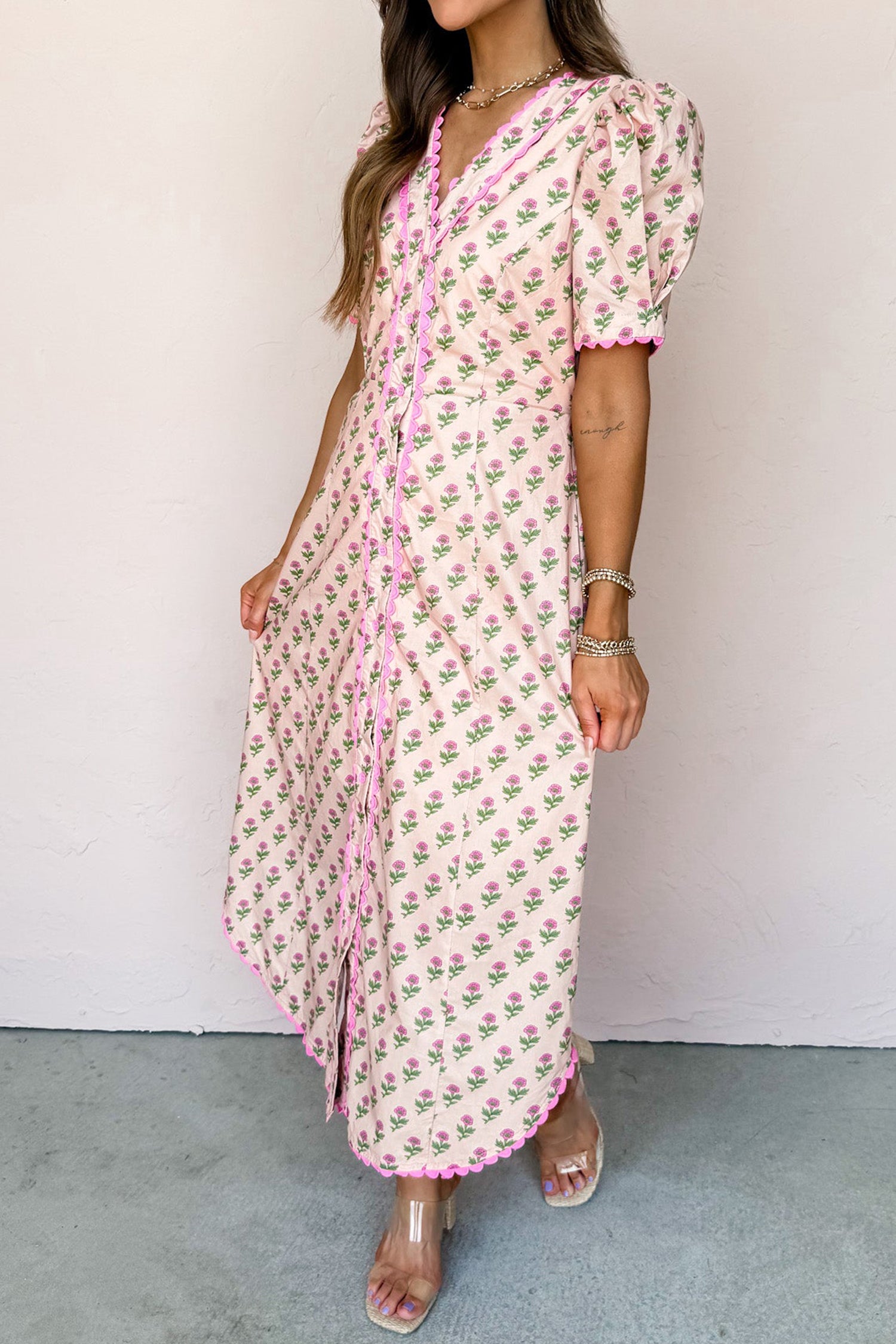 Floral Print V-Neck Scallop Trim Button Front Short Sleeve Long Dress