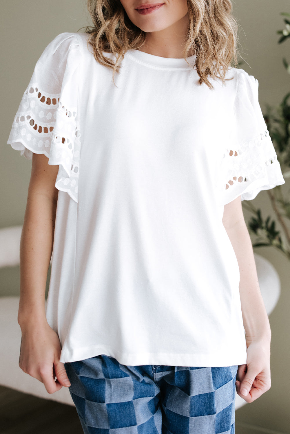White Hollow Out Embroidered Short Sleeve O Neck Top eAura