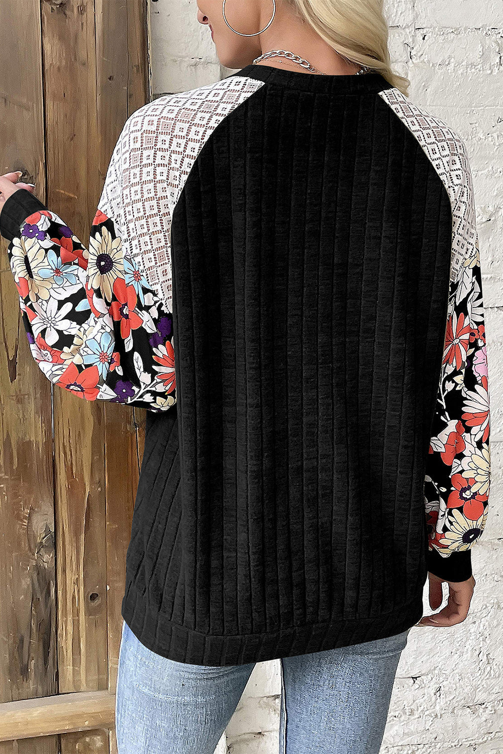 Black Floral Patchwork Long Sleeve Ribbed Blouse - eAura