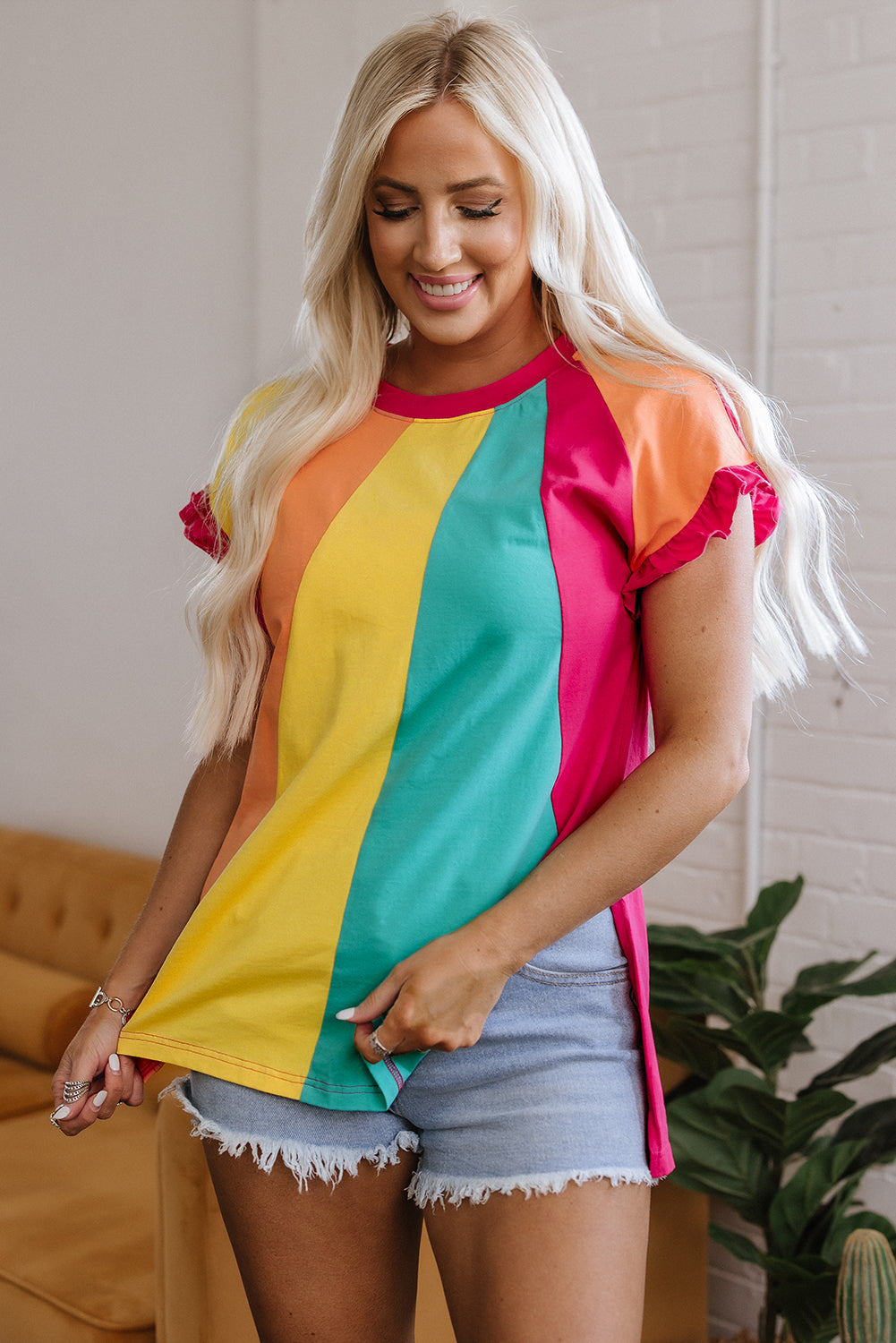 Rose Red Colour Block Ruffled Crew Neck Loose Fit T Shirt eAura