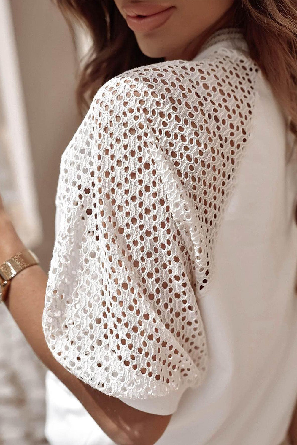 Black Pointelle Lace Half Sleeve Crew Neck Tee eAura
