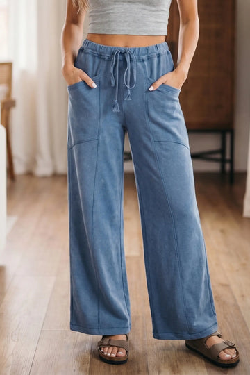 Mineral Wash Drawstring Retro High Waist Wide Leg Western Pants – Latte