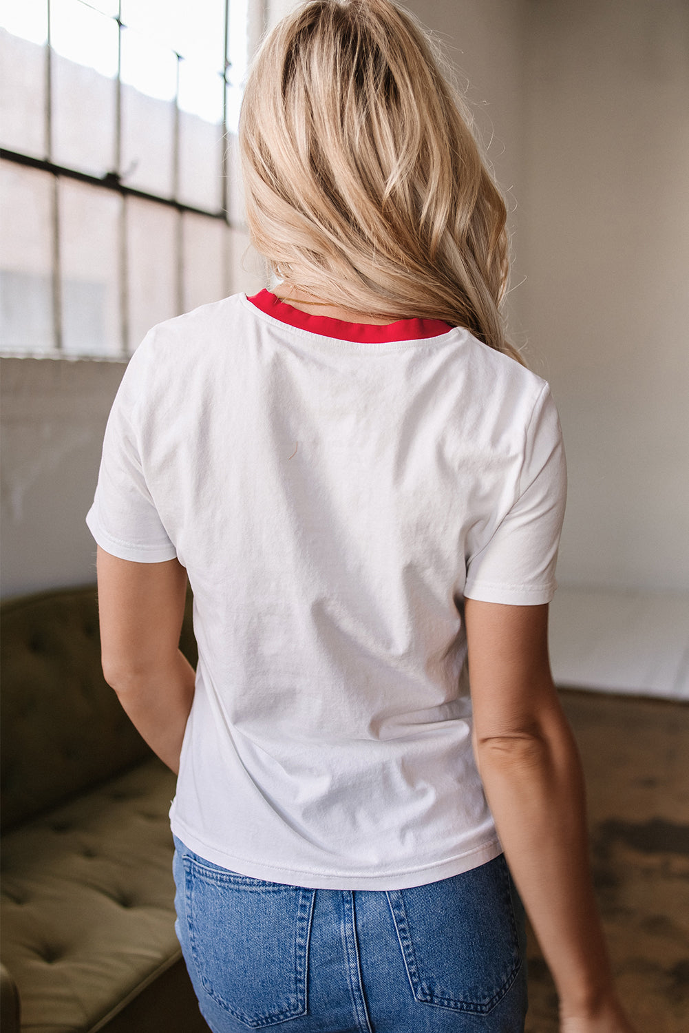 White Rainbow Stripe Print Contrast Crewneck T Shirt eAura