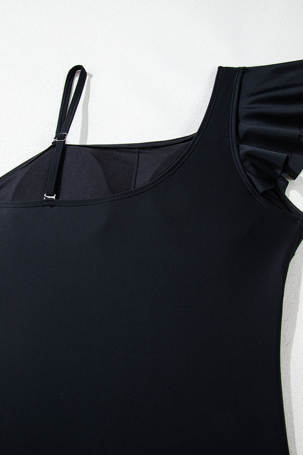 Black Asymmetric Ruffle Shoulder Pleated One Piece Swimsuit eAura