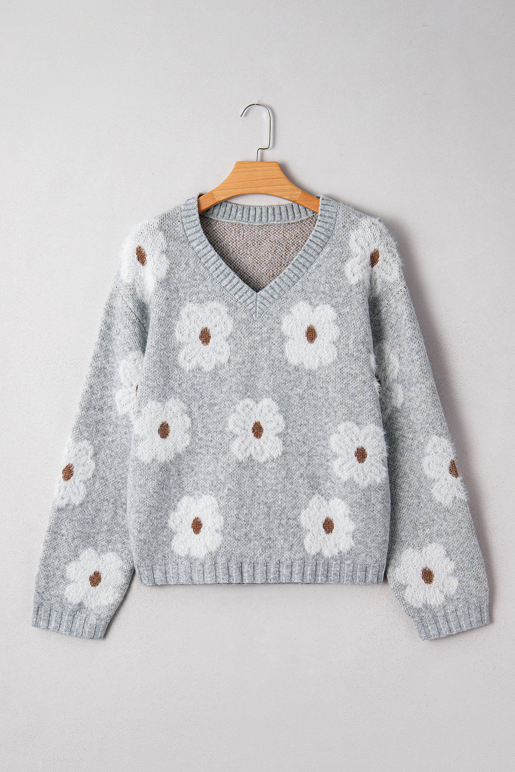 Flower Print V-Neck Drop Shoulder Oversized Sweater - eAura