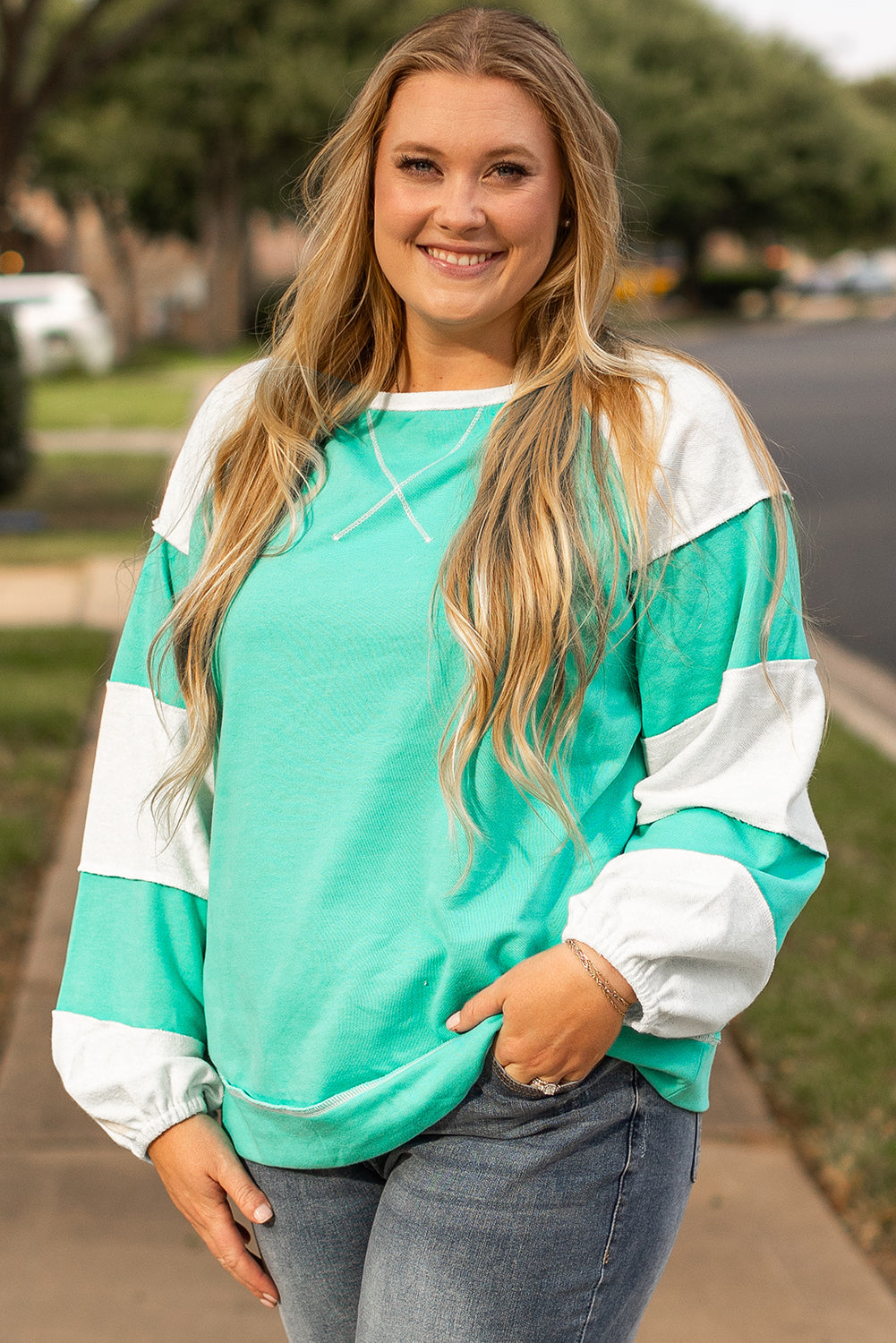 Aruba Blue Colourblock Patchwork Cross Seam Plus Sweatshirt BB Fashion Outlet