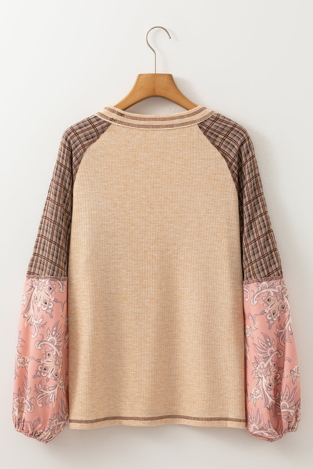 Jet Stream Mixed Print Raglan Sleeve Ribbed Knit Patchwork Blouse BB Fashion Outlet