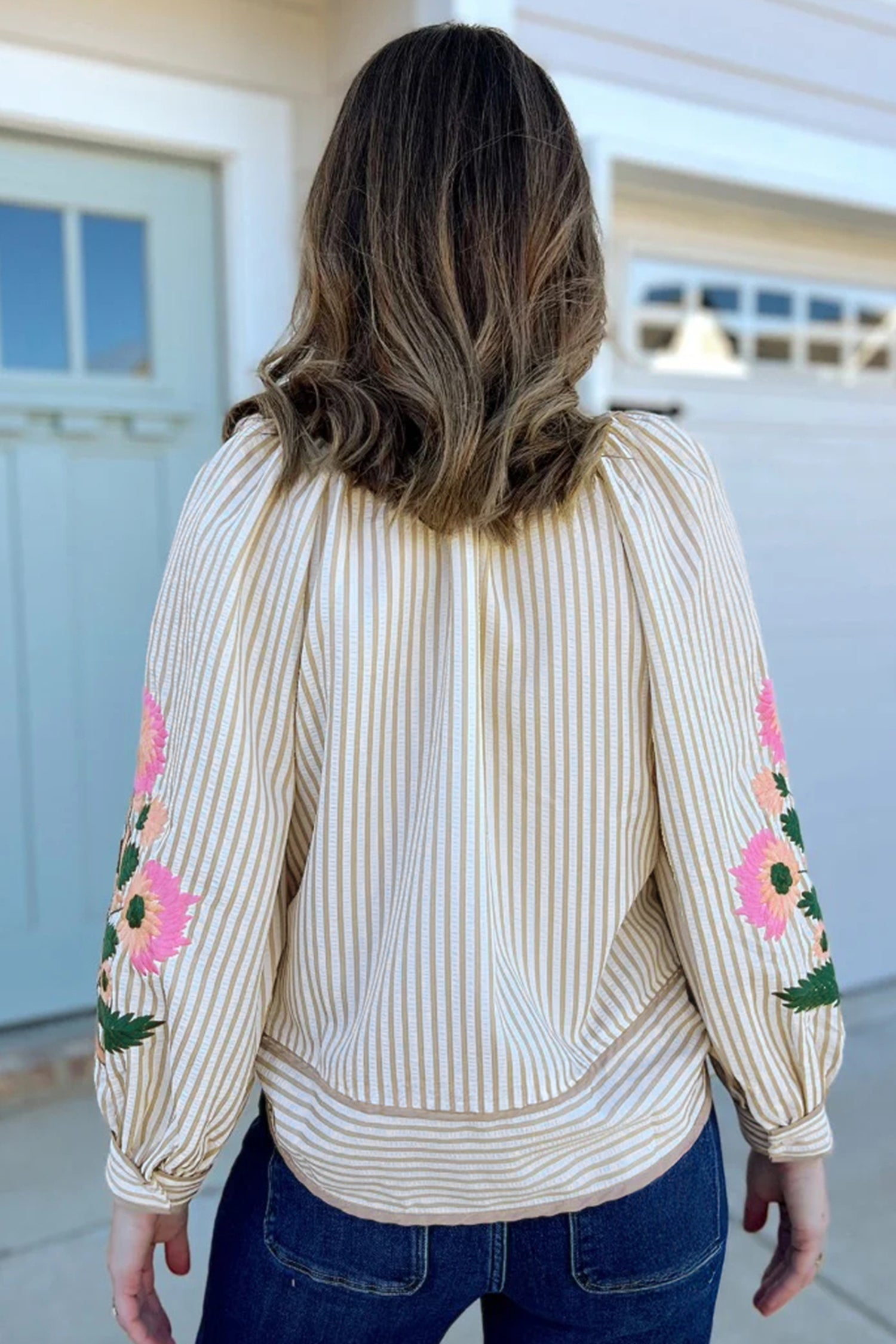 V Neck Floral Embroidered Long Sleeve Blouse – Khaki Stripe