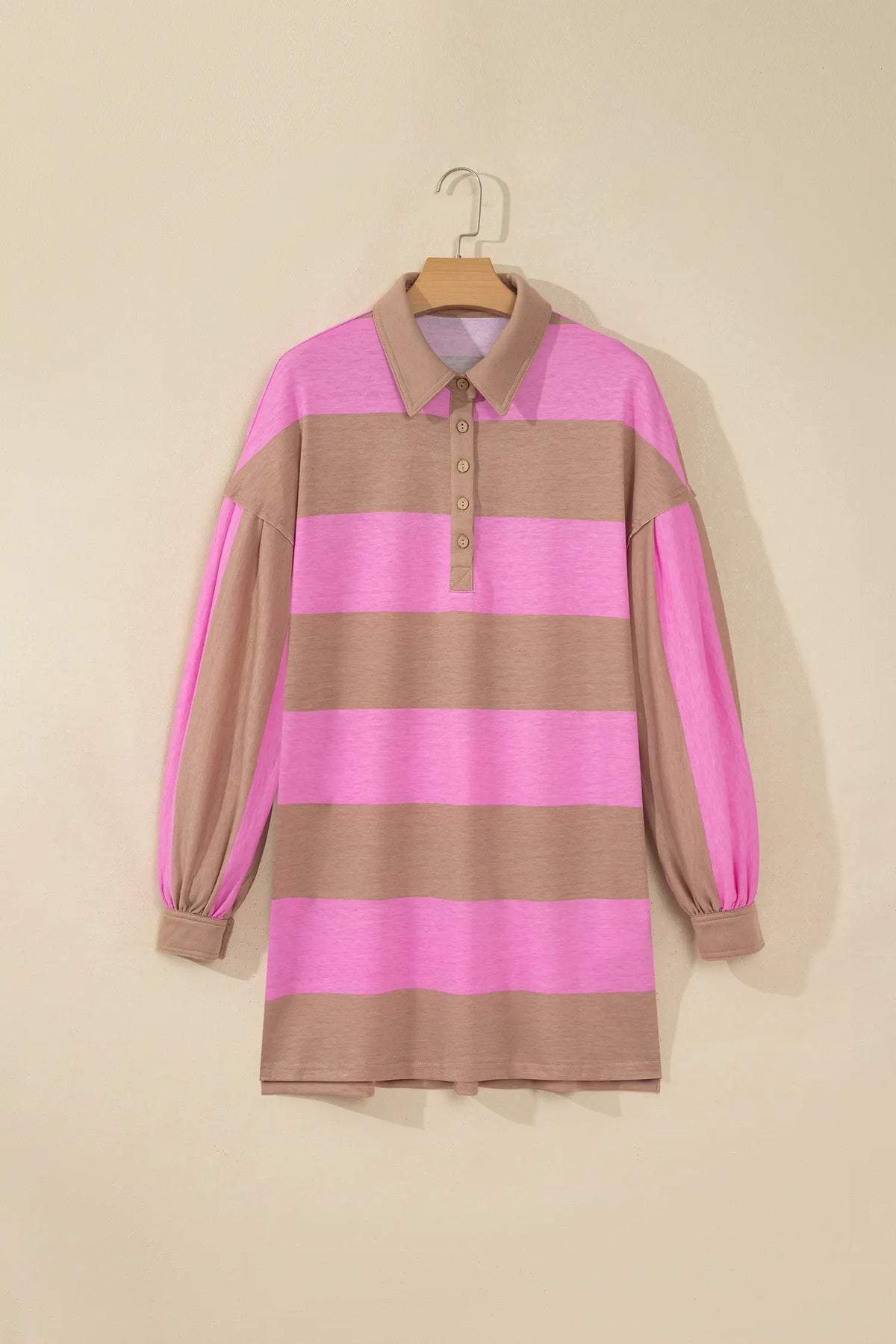Striped Button Long Sleeve Short Shift Dress – Rose Stripe