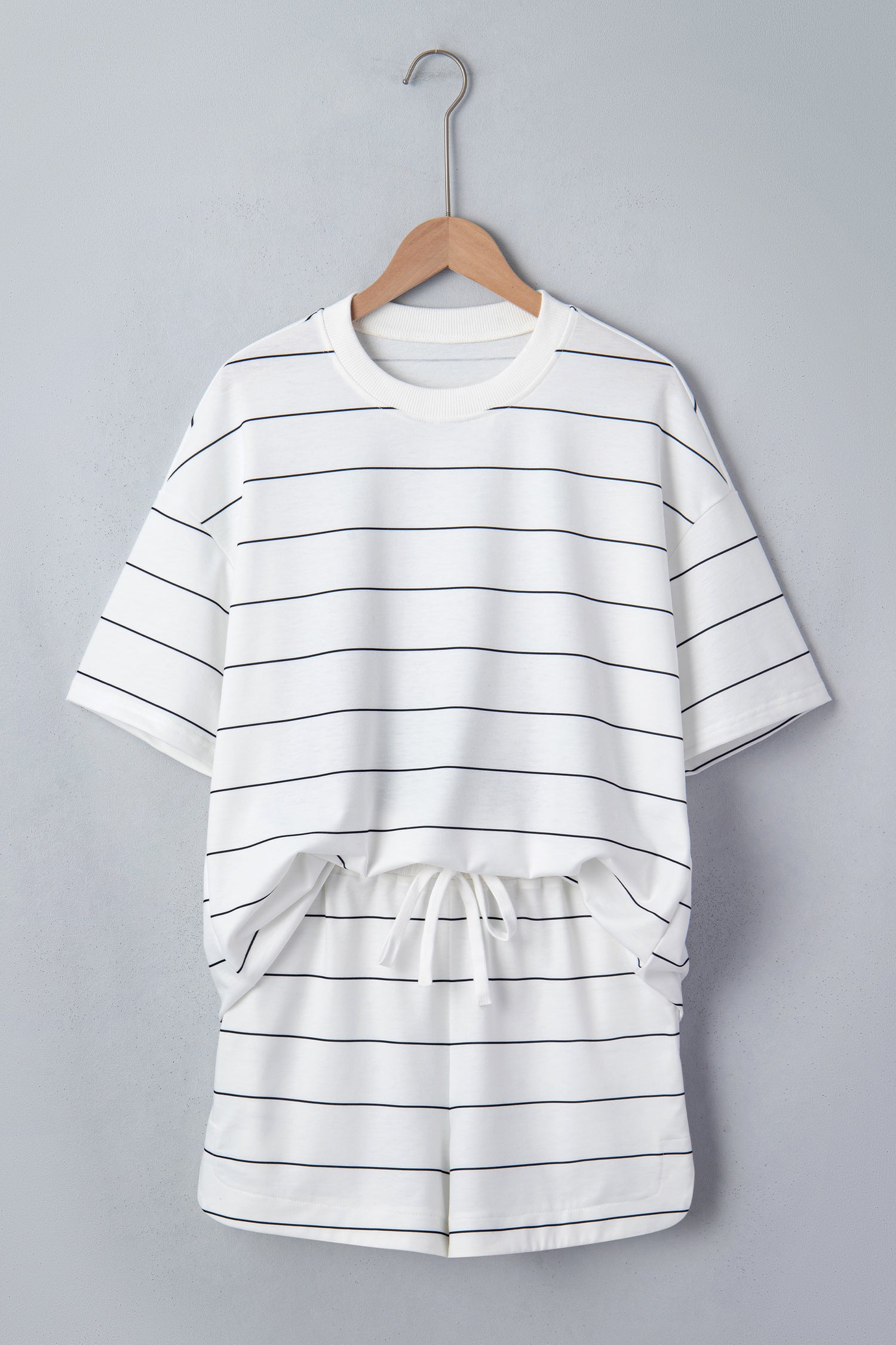 Half Sleeve Tee Drawstring Shorts 2pcs Set – White Stripe