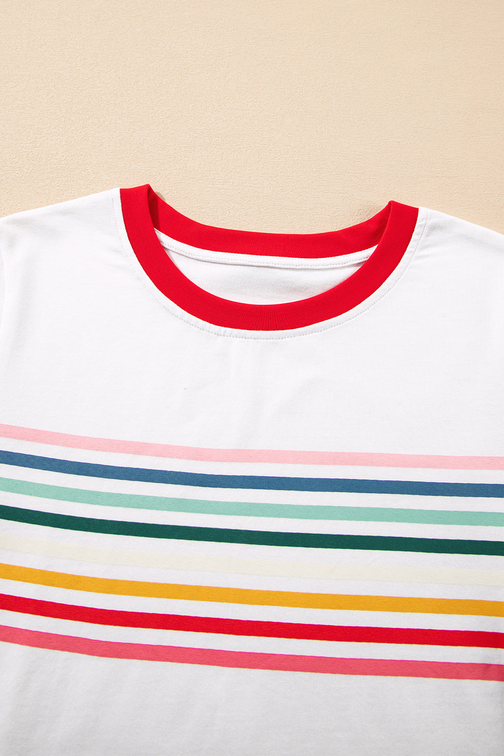 White Rainbow Stripe Print Contrast Crewneck T Shirt eAura