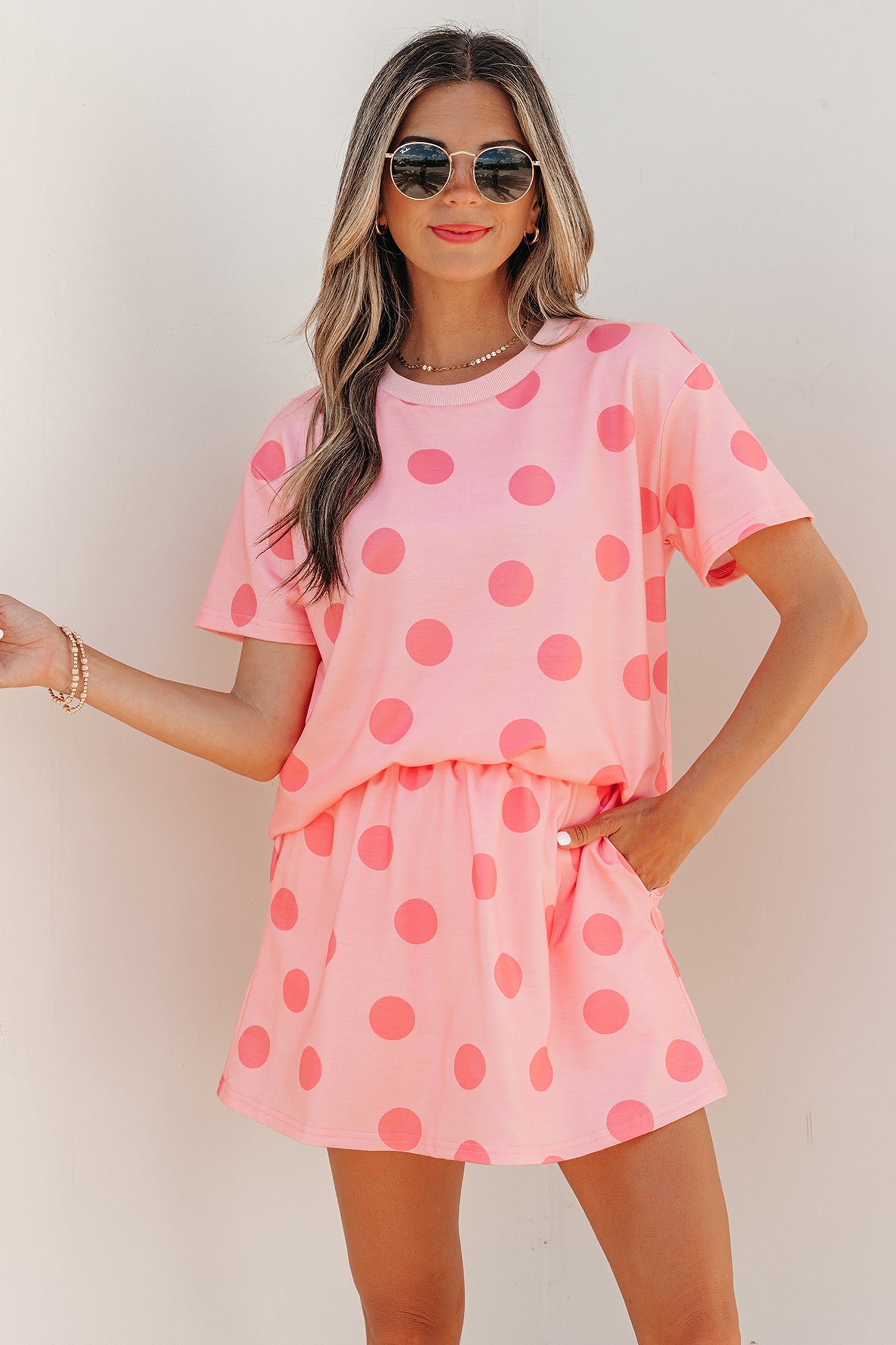 Polka Dot Short Sleeve Top Casual Skort 2pcs Outfit – White