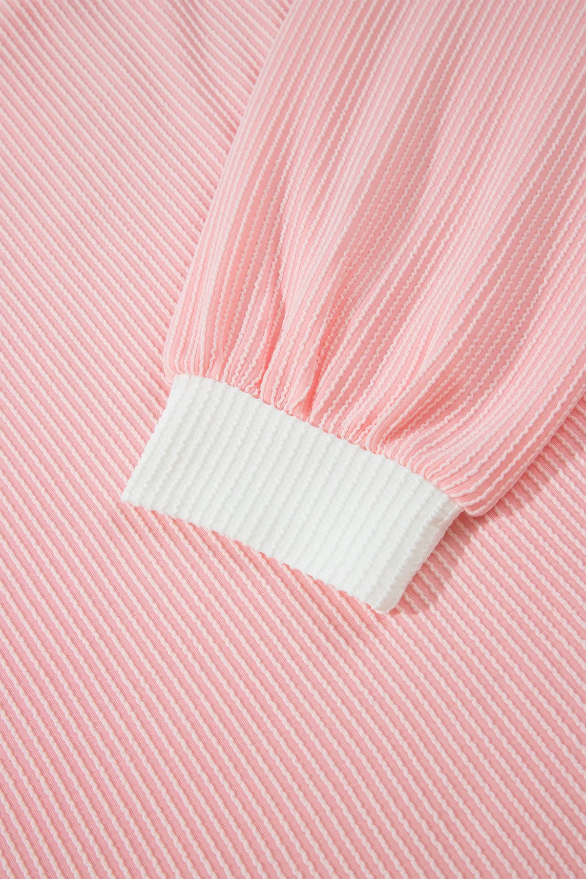 Ribbed Knit Colourblock Long Sleeve Round Neck Plus Size Blouse – Pink