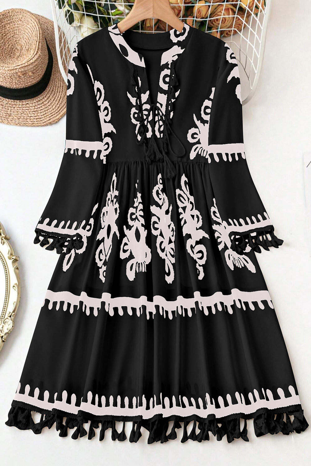 Black Plus Size Western Floral Print Fringed V Neck Dress Beagle Boutique Fashion Outlet