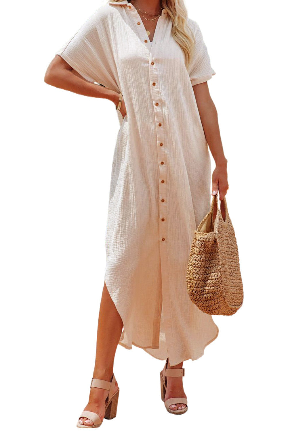 Apricot Crinkled Buttons Maxi Beach Dress with Slits eAura