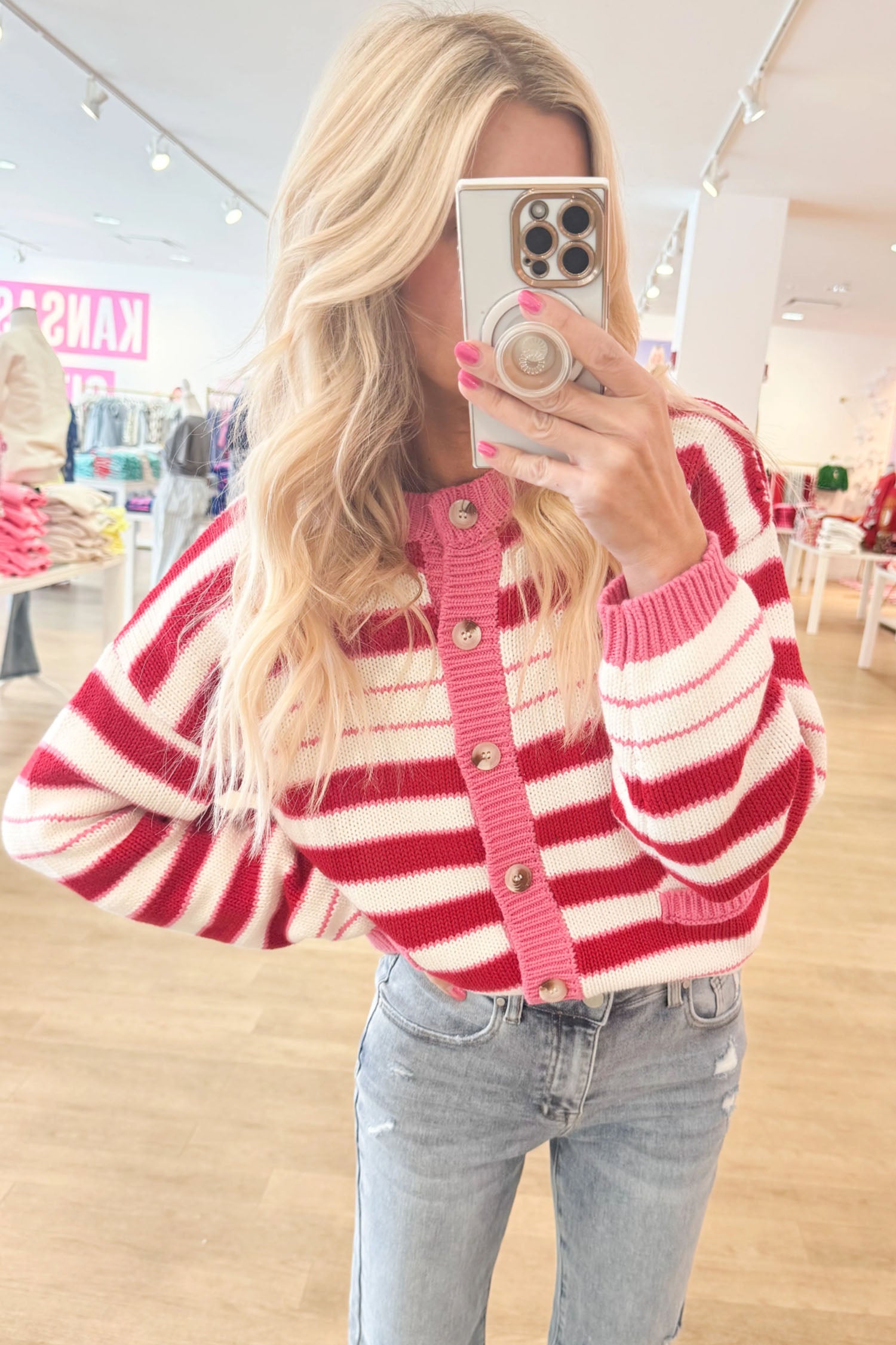 V Neck Long Sleeve Regular Fit Cardigan – Red Stripe