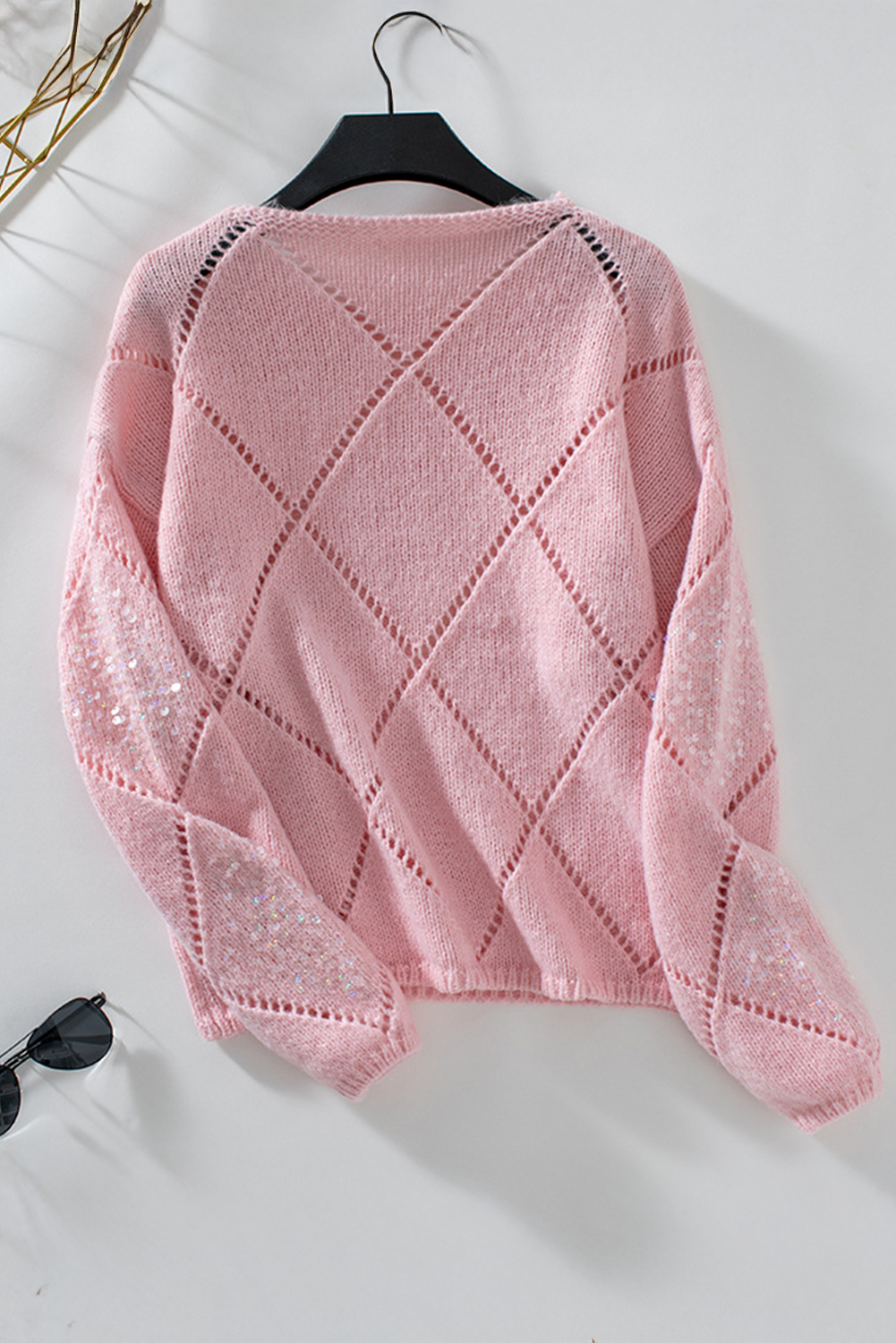 Hollowed Rhombus Pattern Sequin Detail Round Neck Sweater eAura
