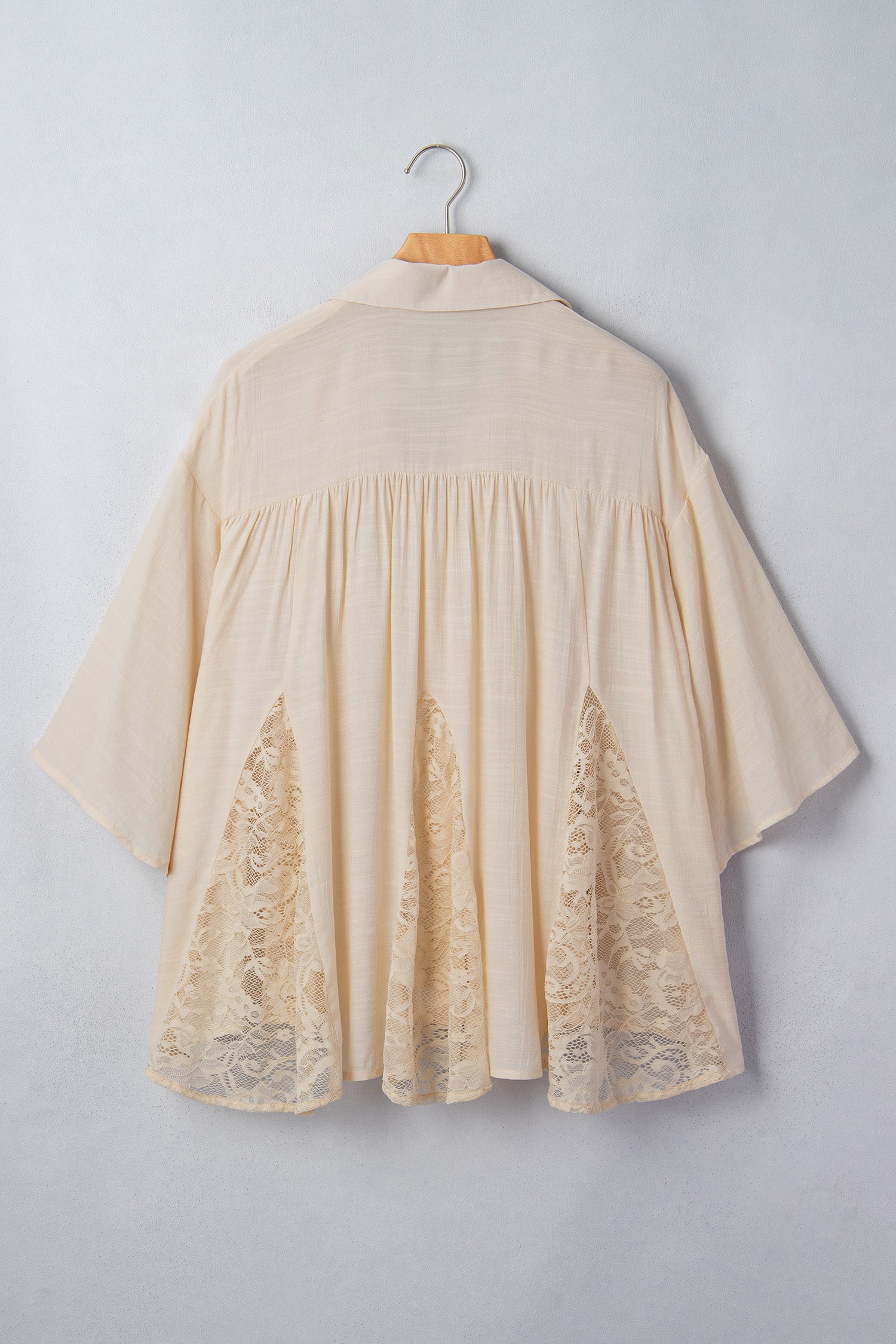 Oatmeal Sheer Lace Splicing Detail Bracelet Sleeve Loose Flowy Shirt – Beige