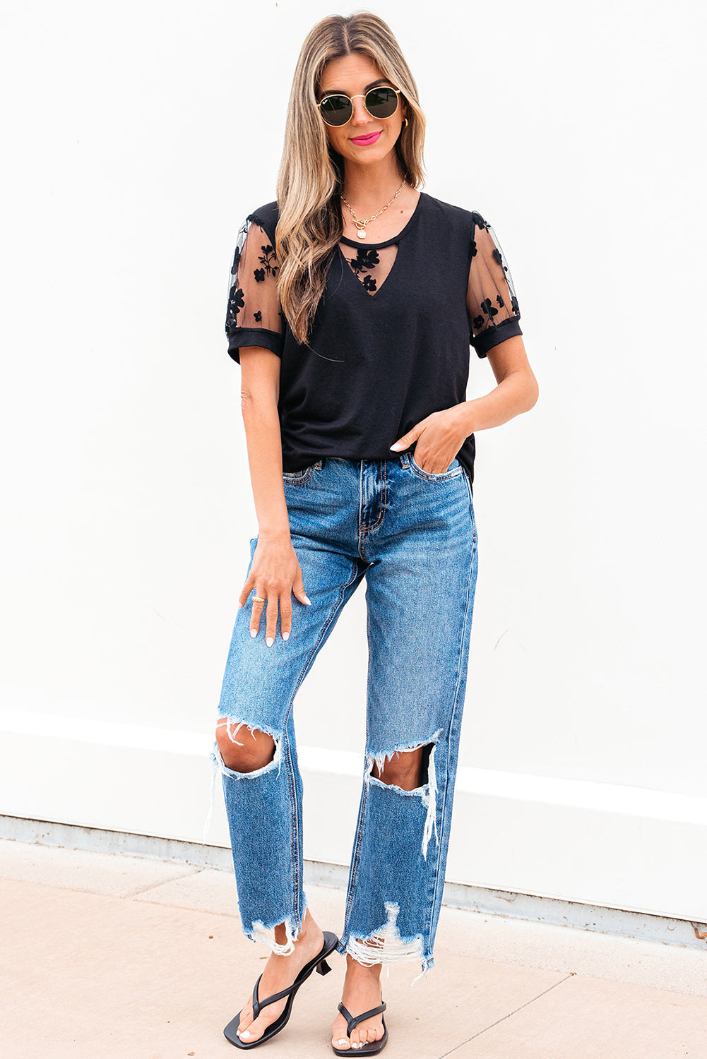 Black Flora Lace Patchwork Crew Neck T Shirt eAura