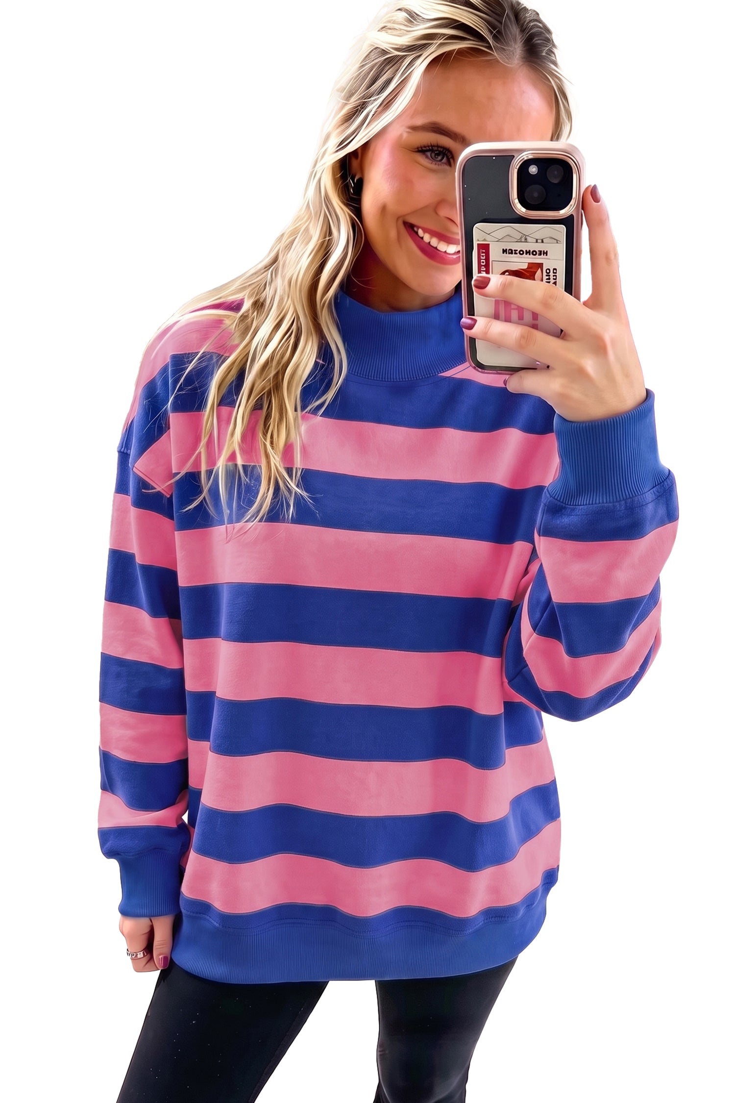 Colorblock Mock Neck Relaxed Sweatshirt – Blue Stripe